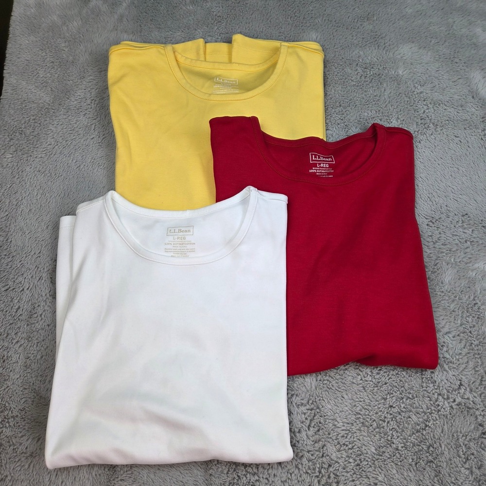 LL Bean T-Shirt Lot Women L 100% Supima Cotton Crew Neck Red White Yellow 3-Pack